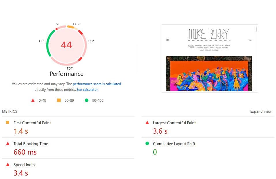 Mike Perry Pagespeed Insights results on Desktop