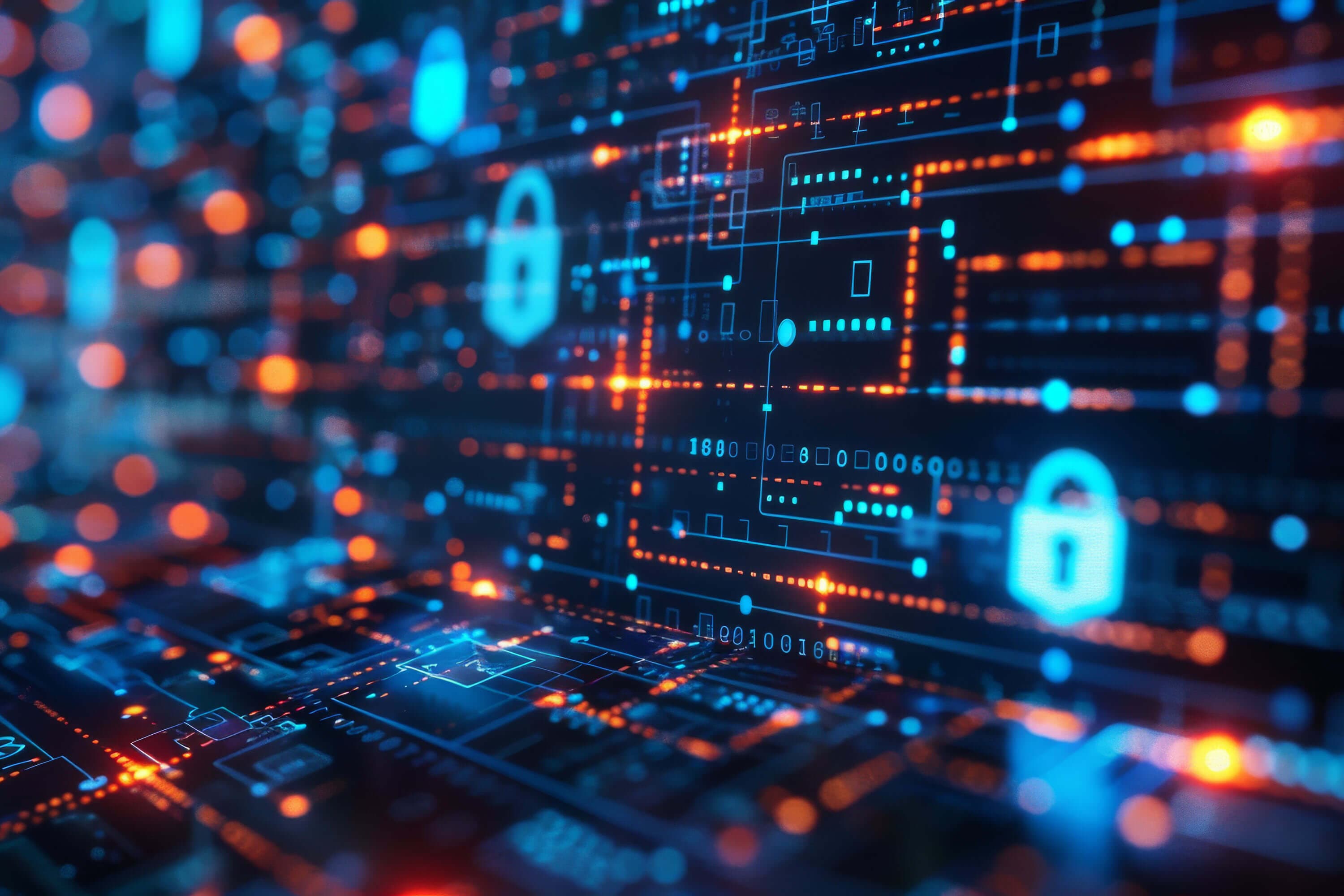 Glowing digital padlocks over circuit board lines representing website security